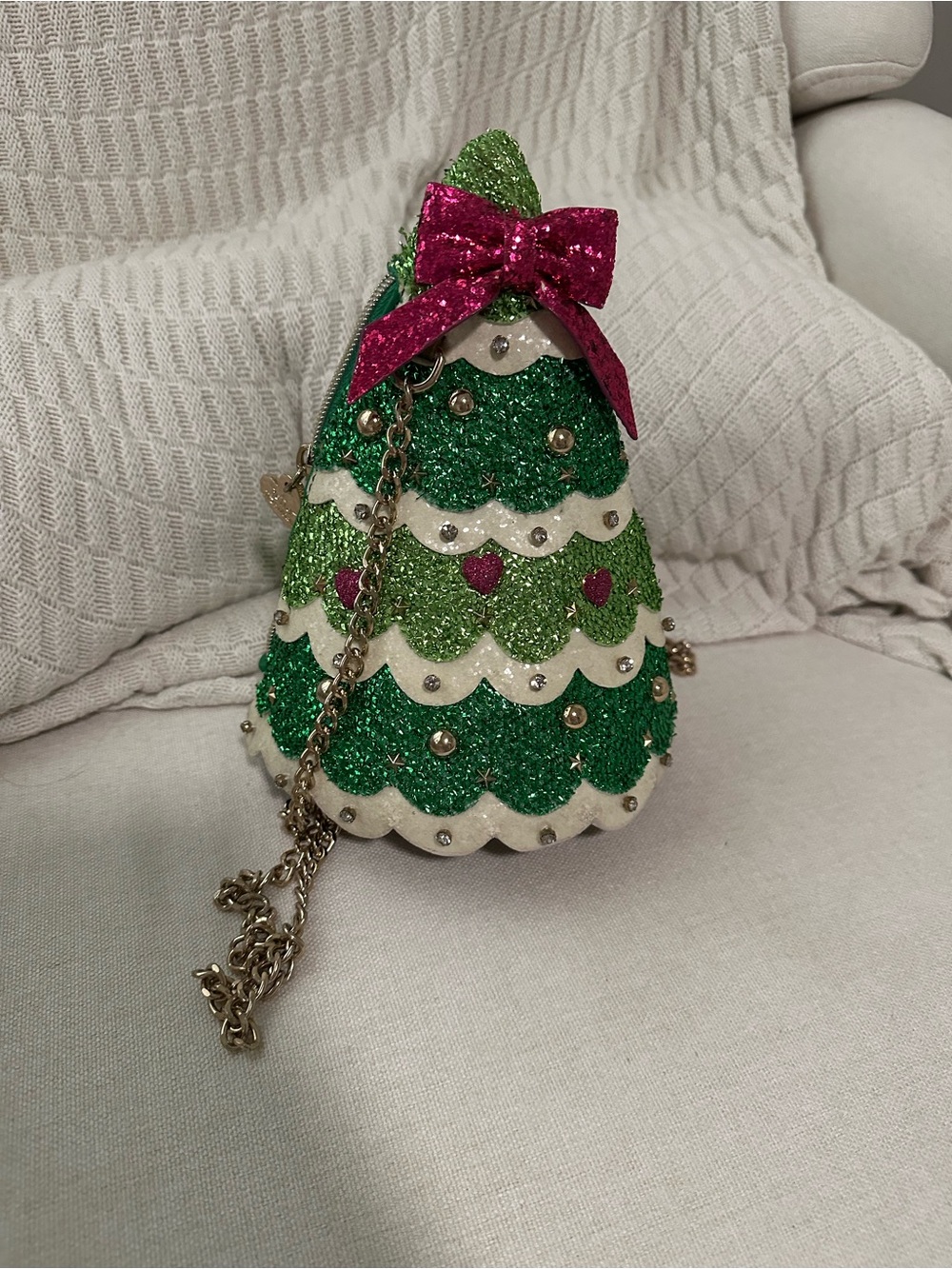 Betsey Johnson Green Glitter Christmas Tree Crossbody Bag with Pink Bow